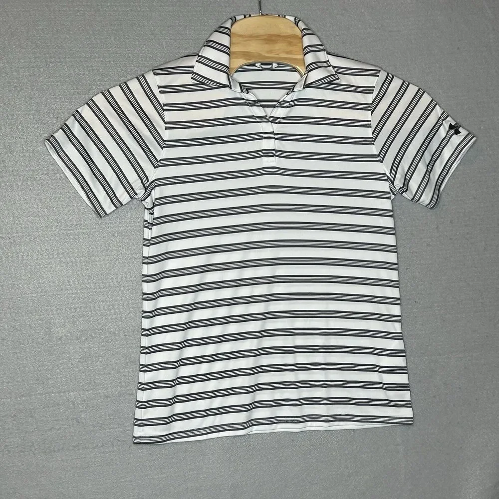 Under Armour Men Sz S HeatGear Gray White Stripe Short‎ Sleeve Performance Shirt